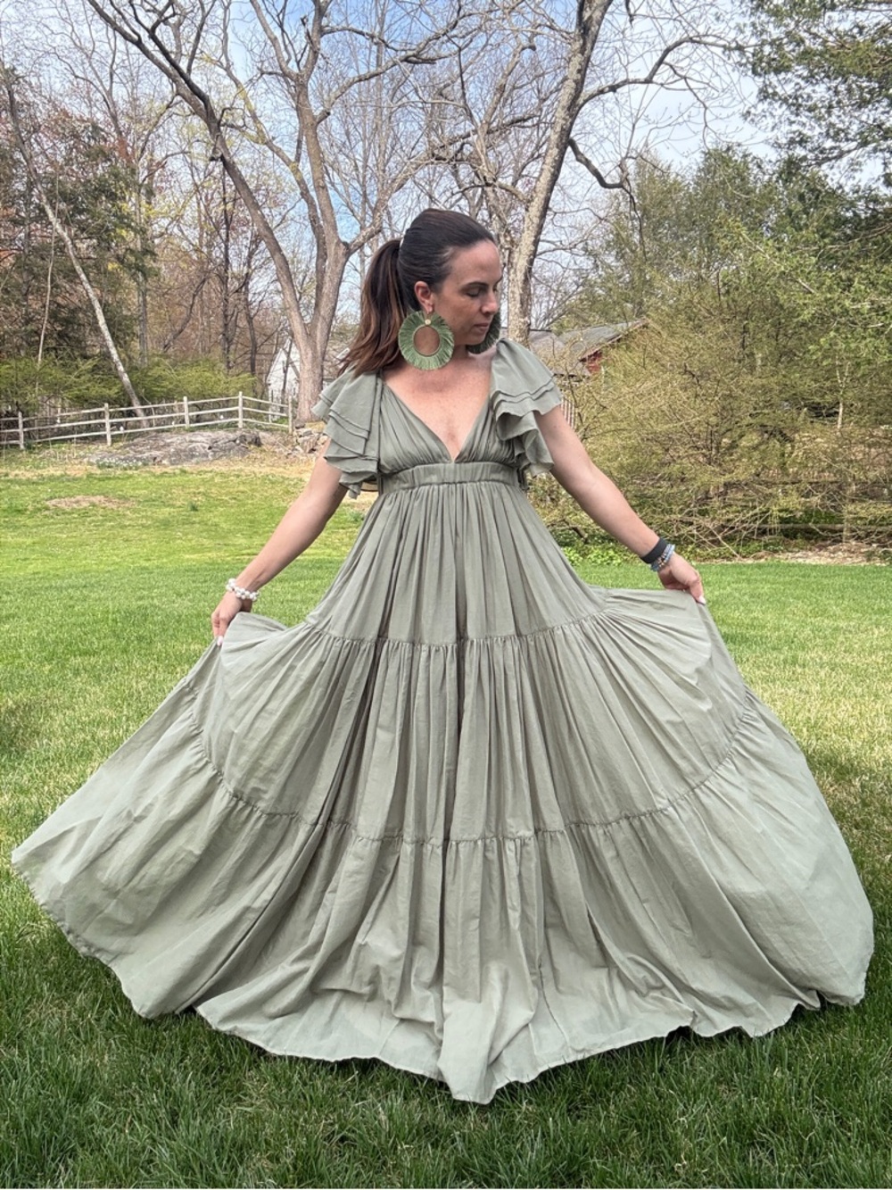 Erika Peña Vale Maxi dress Sage Green Tiered  with Ruffled Cap Sleeves